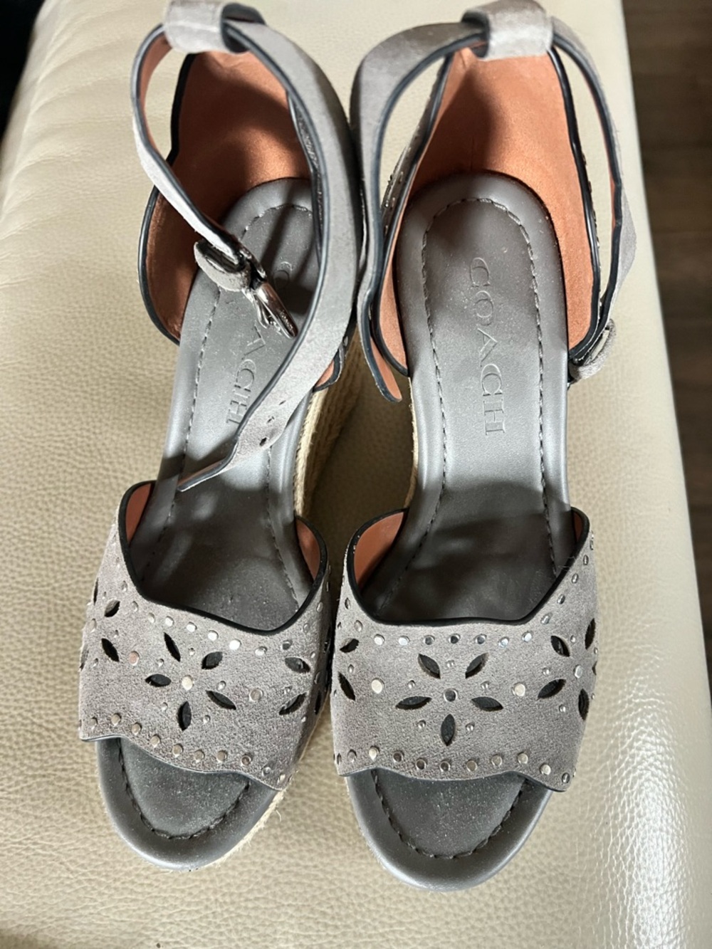 Coach Gray Suede Laser-Cut Wedge Sandals